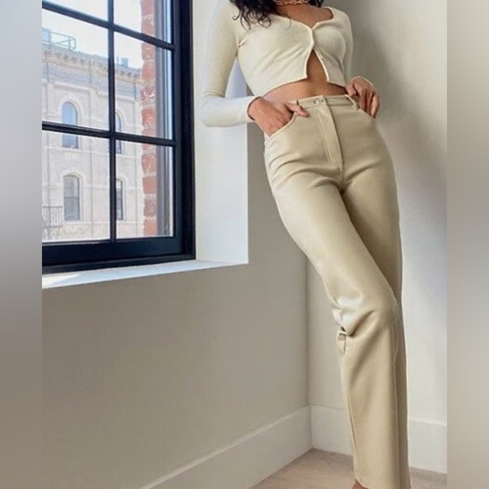 Aritzia Wilfred The Melina Beige Vegan Leather Straight Leg Women's Pants